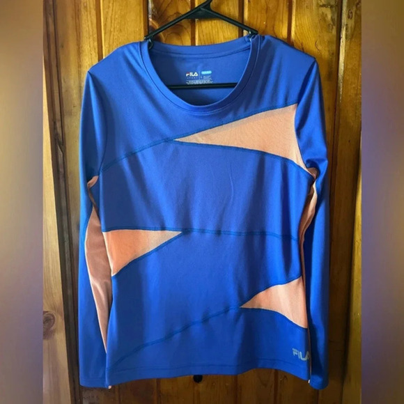 Fila Sport Blue & Orange mesh paneling long-sleeve athletic running shirt size L - Picture 1 of 5